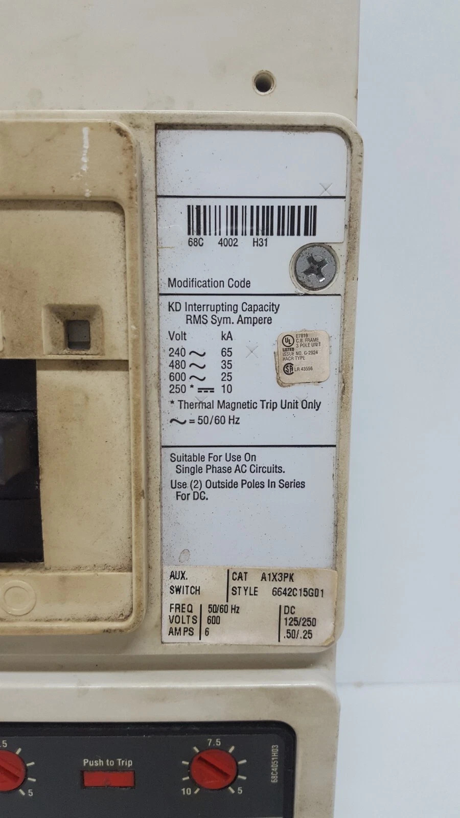EATON | CUTLER HAMMER KD3400F 3 POLE 400 AMPS KD 35K CIRCUIT BREAKER / TESTED OK