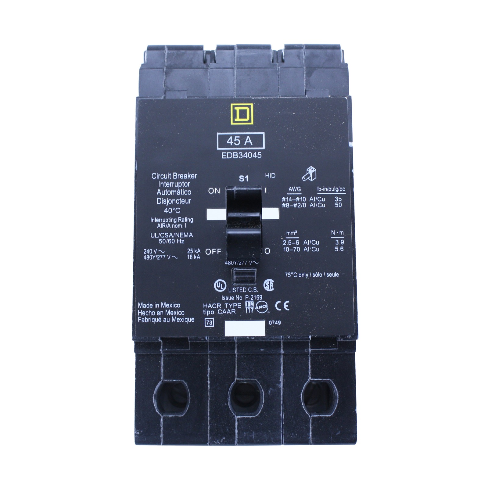 SQUARE D EDB34045 3 POLE 45 AMP 480Y/277V 18KA THERMAL MAGNETIC CIRCUIT BREAKER