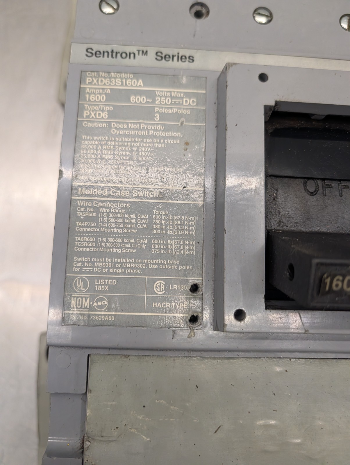 Siemens PXD63S160A 1600 Amp Sentron Molded Case Switch Breaker MB9301 PD/RD