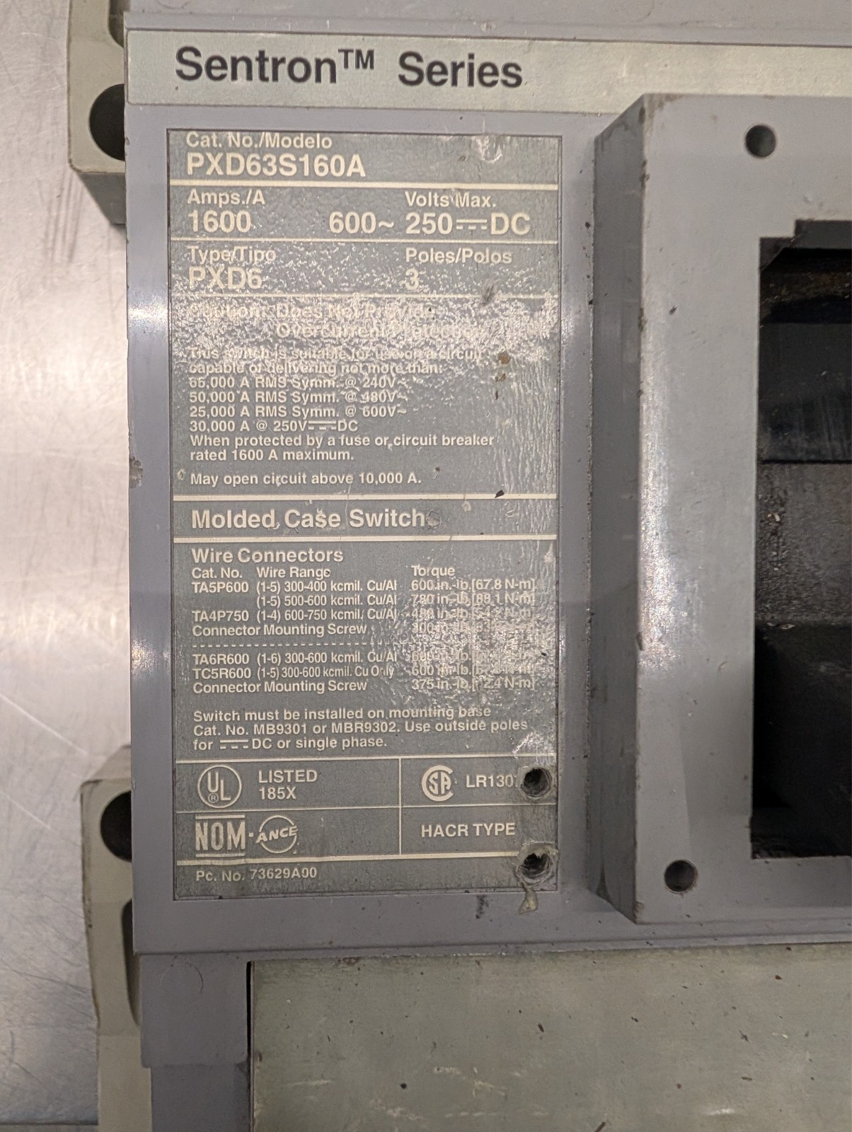 Siemens PXD63S160A 1600 Amp Sentron Molded Case Switch Breaker MB9301 PD/RD