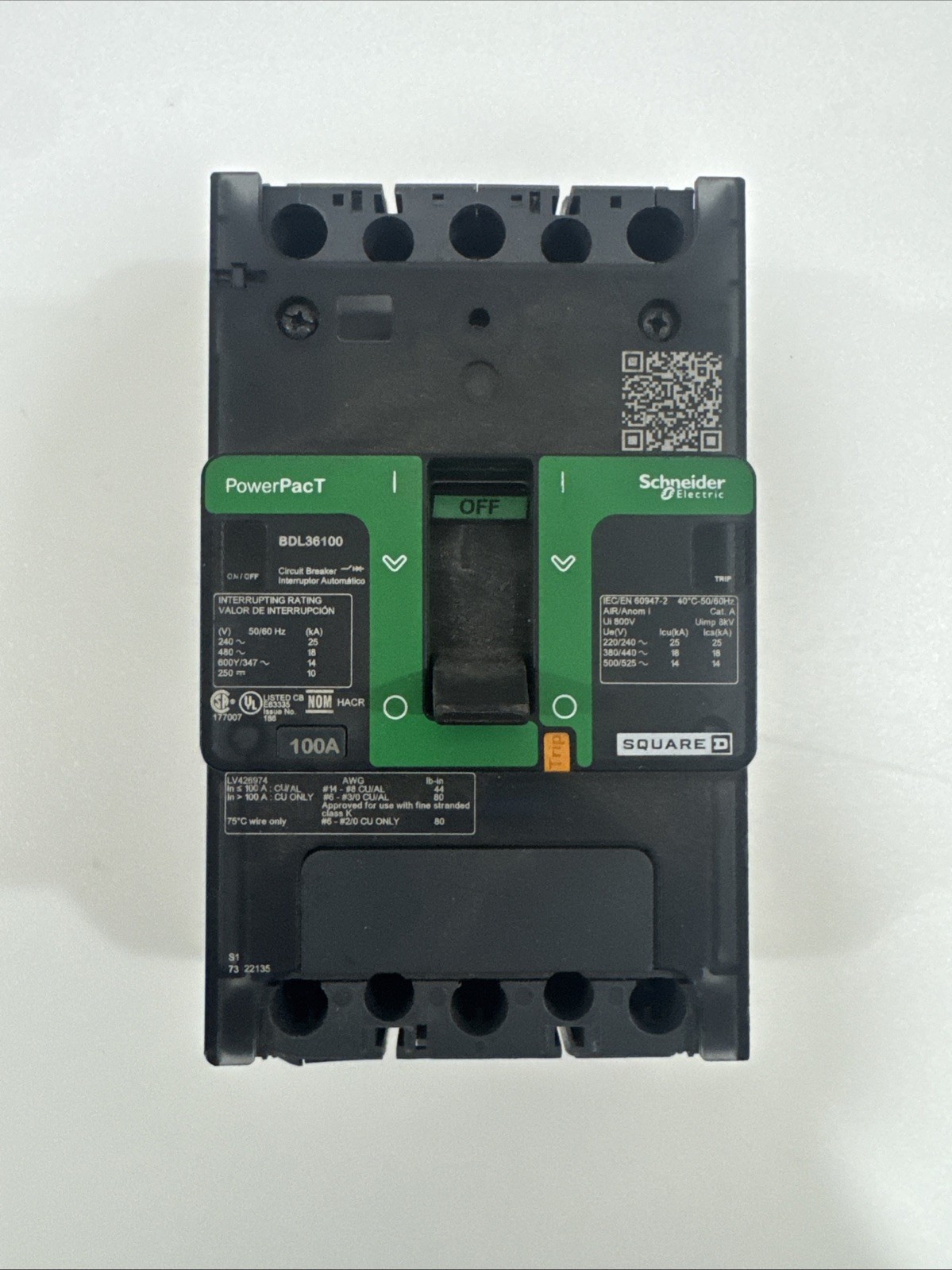Square D PowerPact BDL36100 3-Pole 100A 480V 18kA Circuit Breaker NEW
