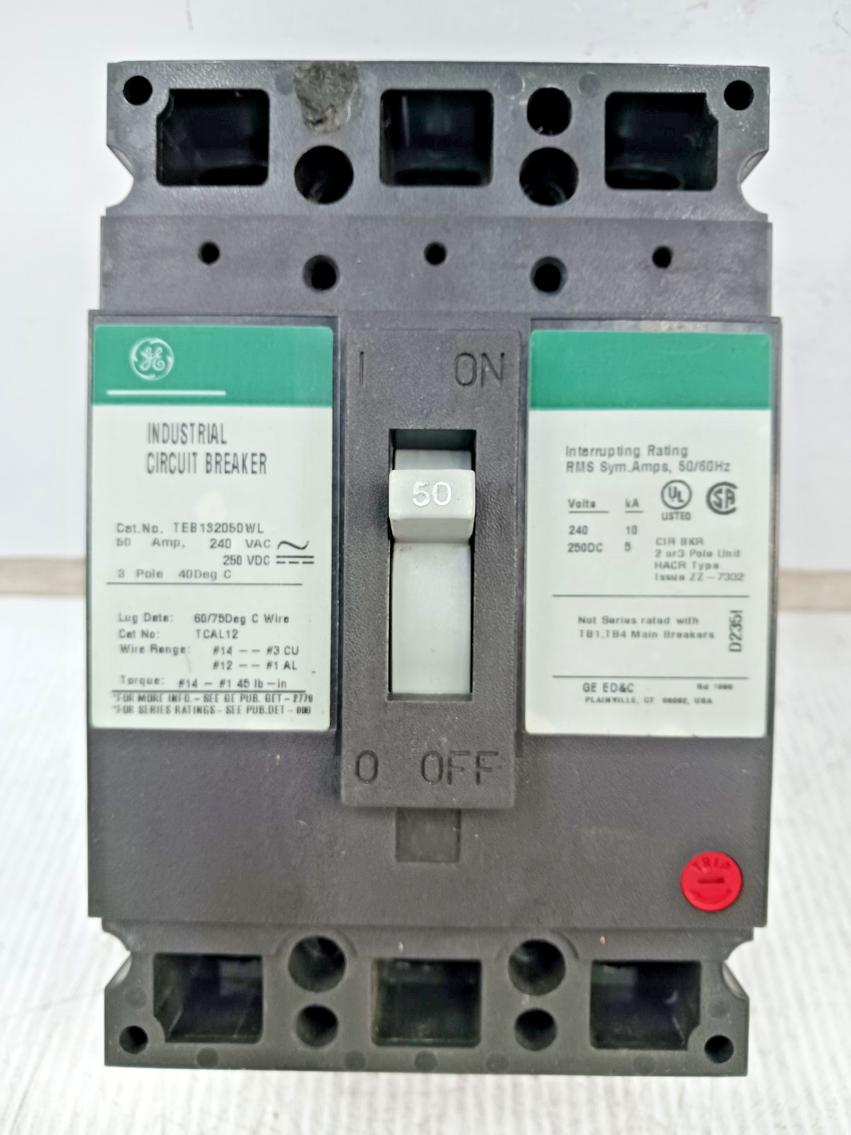GE 50 Amp Industrial Circuit Breaker 3 Pole 240 VAC / 250 VDC 10kA TEB132050WL