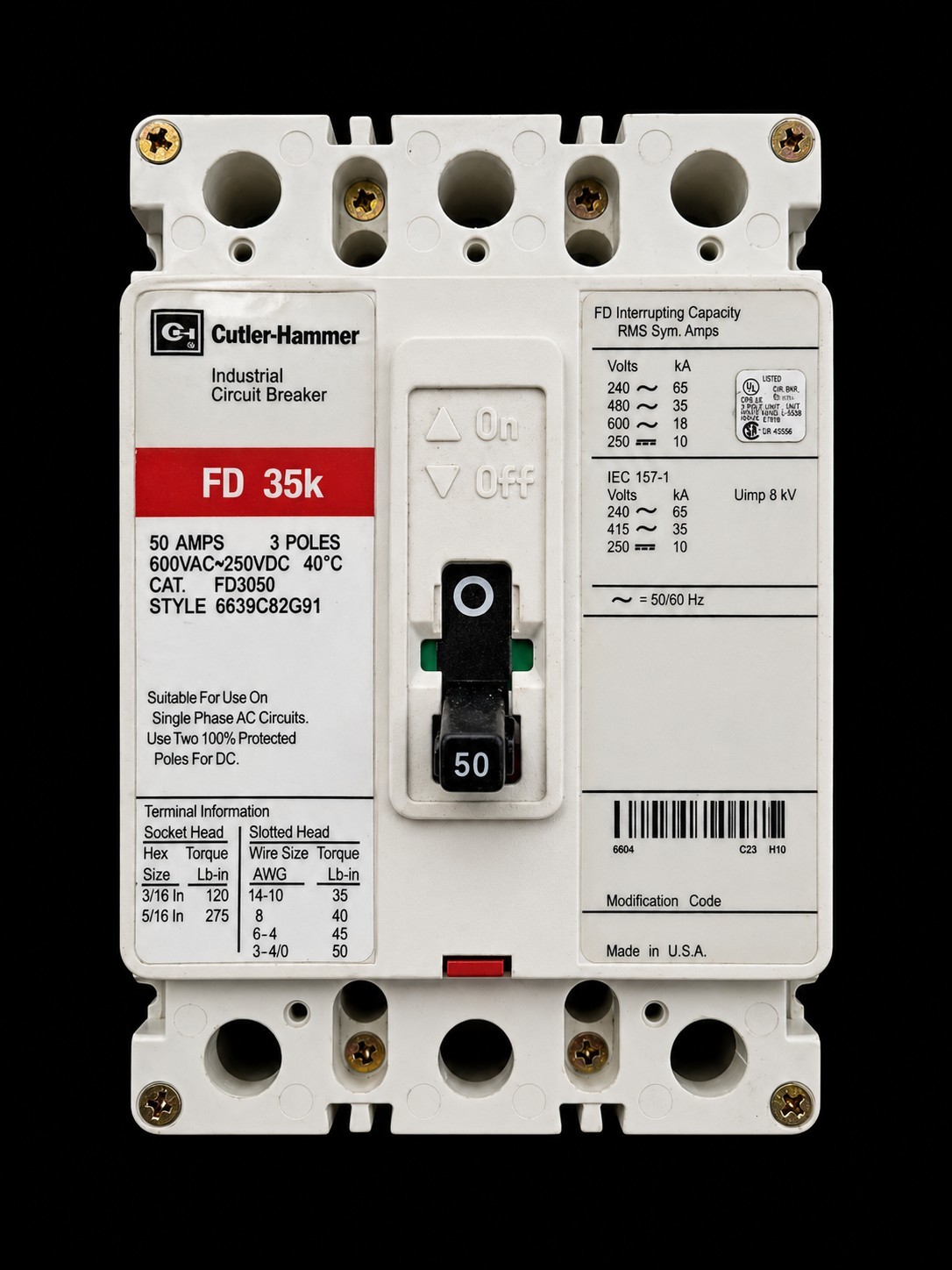 Cutler-Hammer FD35K 50A 3-Pole Industrial Circuit Breaker 600VAC 250VDC
