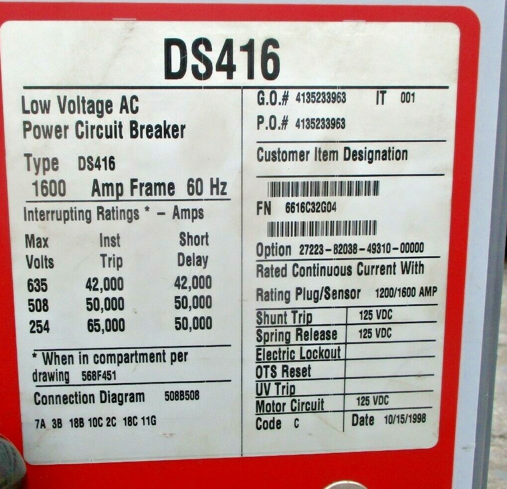 Cutler-Hammer DS416 1600A CIRCUIT Breaker LOW VOLTAGE AC POWER