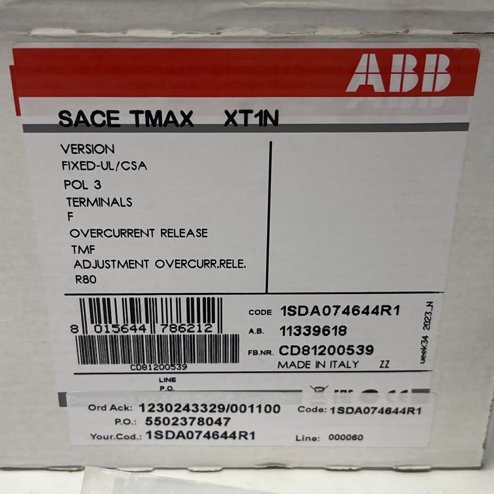 Used? See Desc ABB SACE TMAX XT1N 125 3P 1SDA074644R1 | USA Seller