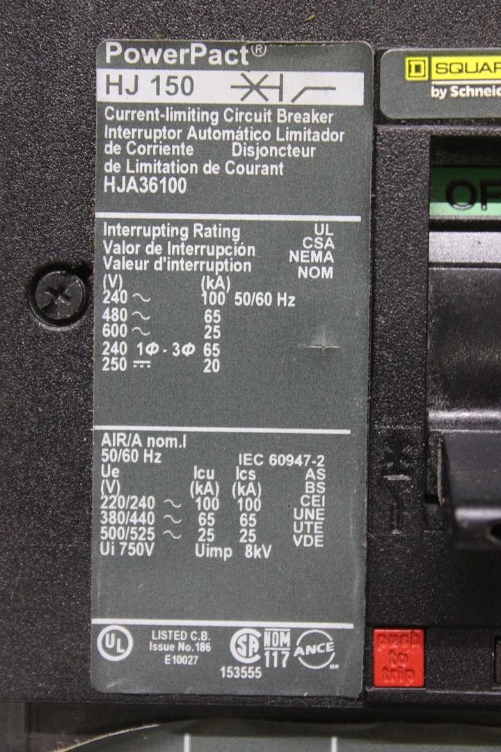 SQUARE D POWERPACT I-LINE CIRCUIT BREAKER HJA36100 100 AMP 600 VAC 3-POLE