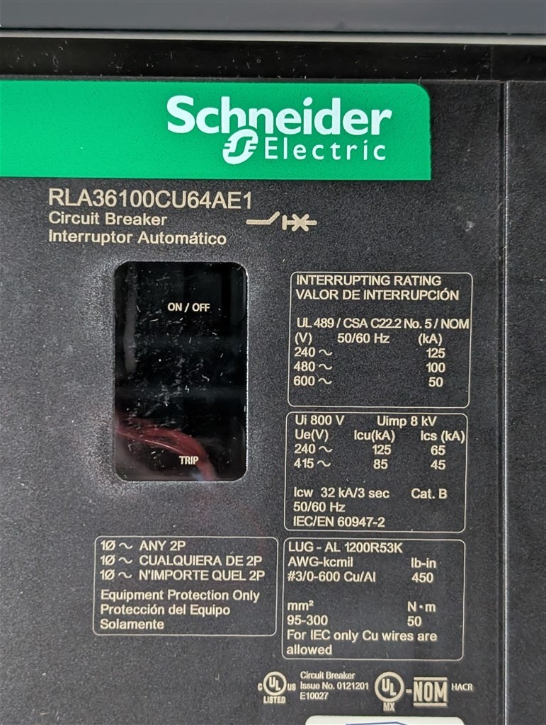 NEW 1000A Schneider RLA36100CU64AE1 PowerPact I-Line Circuit Breaker 600VAC