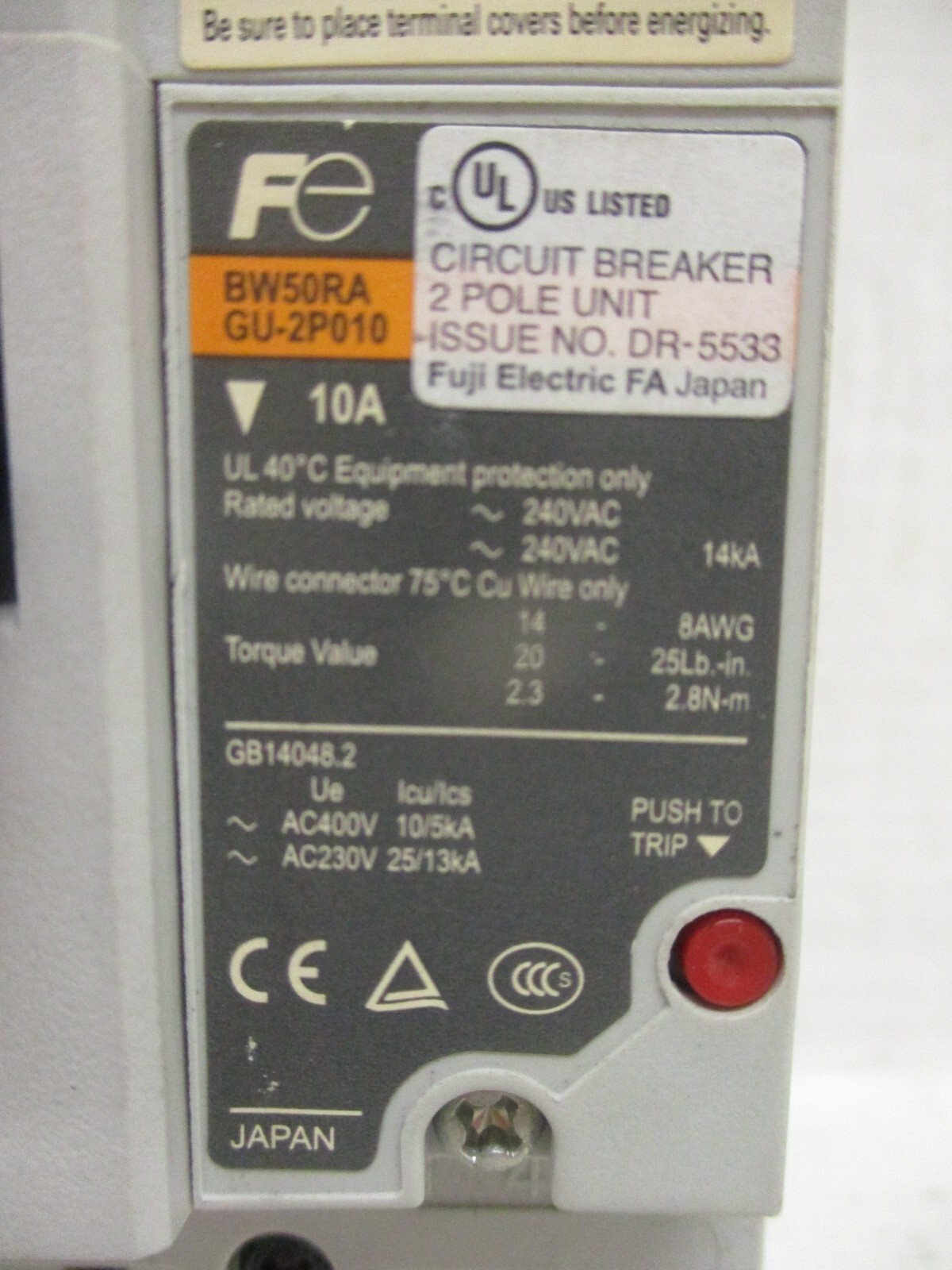 Fuji Electric BW50RAGU-2P010 10 Amp Auto Breaker 2-Pole 10A 690VAC 250VDC BW50RA