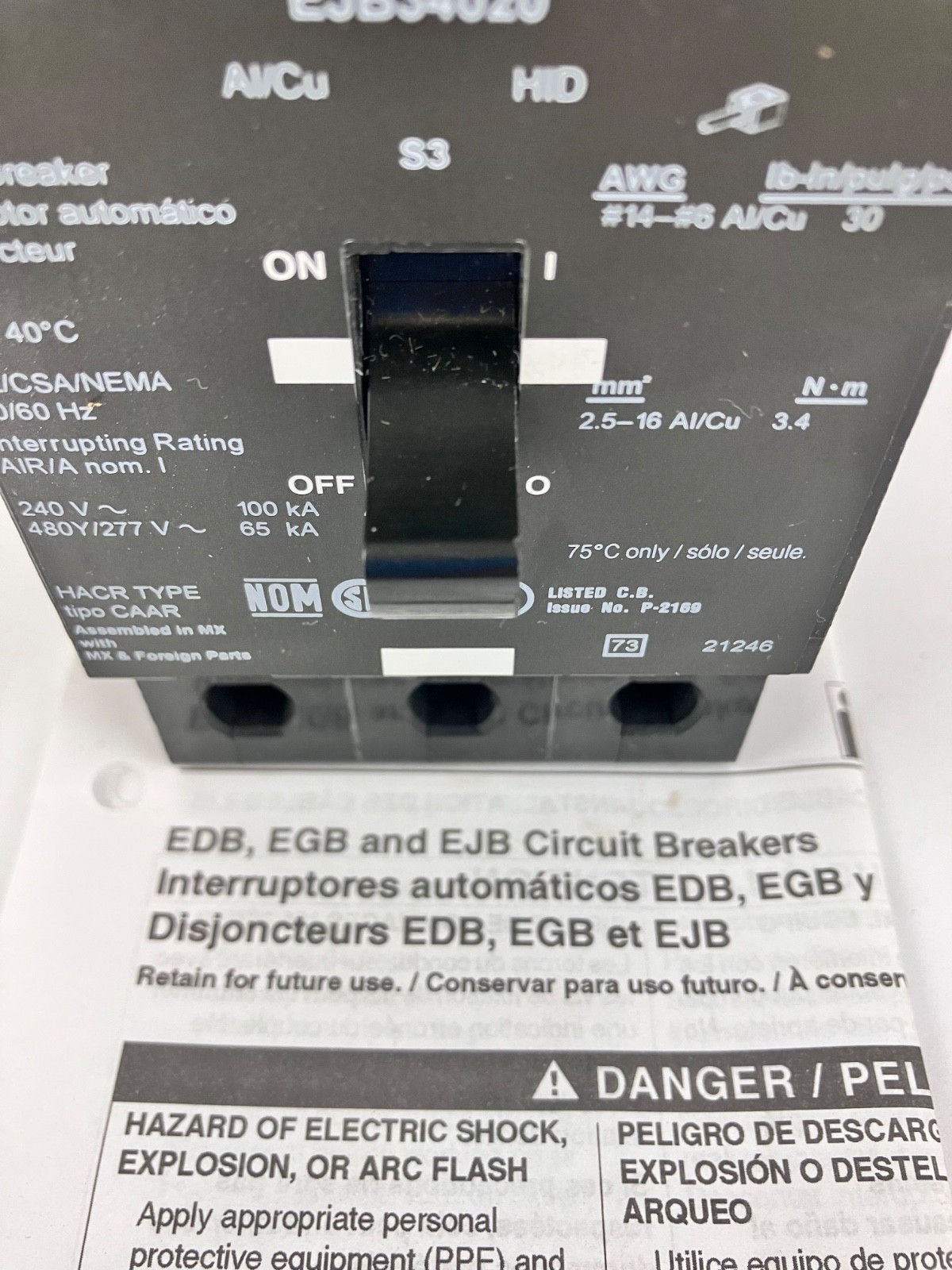 Square D EJB34020 20A 3-Pole Circuit Breaker 480Y/277V 65kA E-Frame Bolt-On