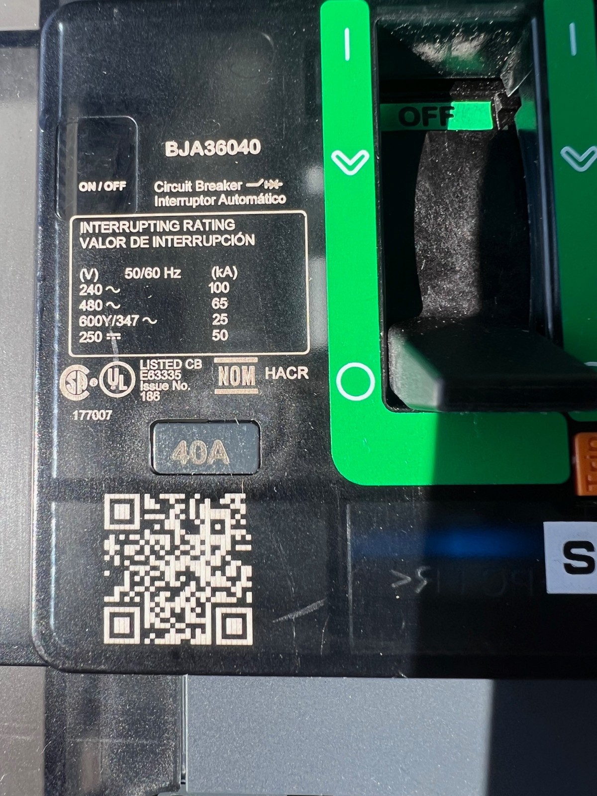 Square D PowerPact BJA36040 Circuit Breaker, 3 Pole, 40 Amp, 600V, Used, Tested