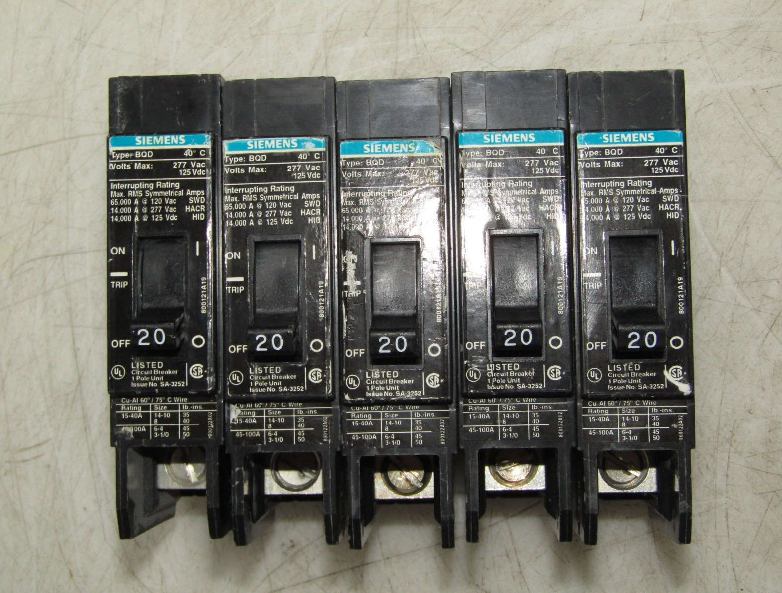 🙌 5) SIEMENS 20 AMP CIRCUIT BREAKER 277 VAC 125 VDC 1 POLE LOT OF 5