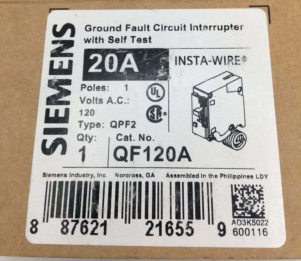 Siemens Ground Fault Circuit Interrupter W Self Test 20A 1P QF120A NIB