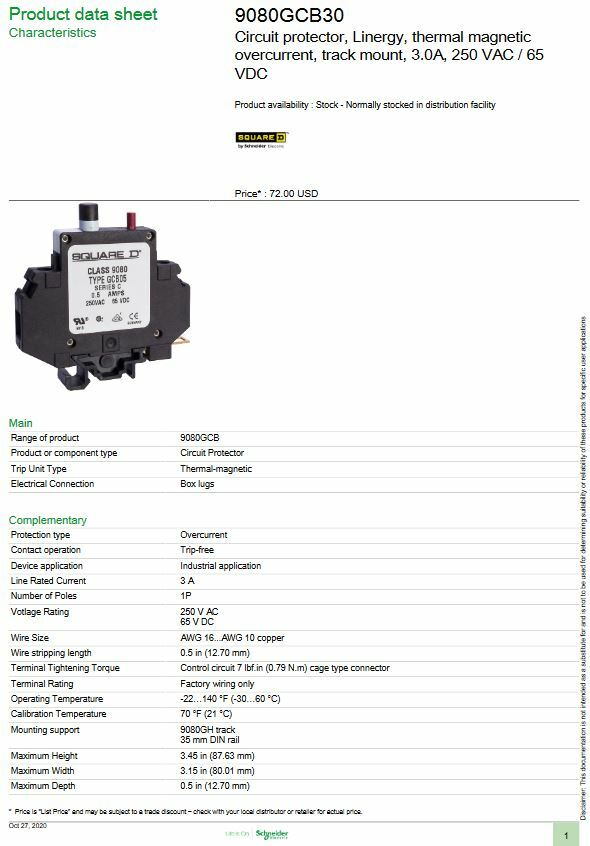 Square D, Circuit Protector, 9080GCB30, 250VAC, 65VDC, 2.0A (brand new in box)