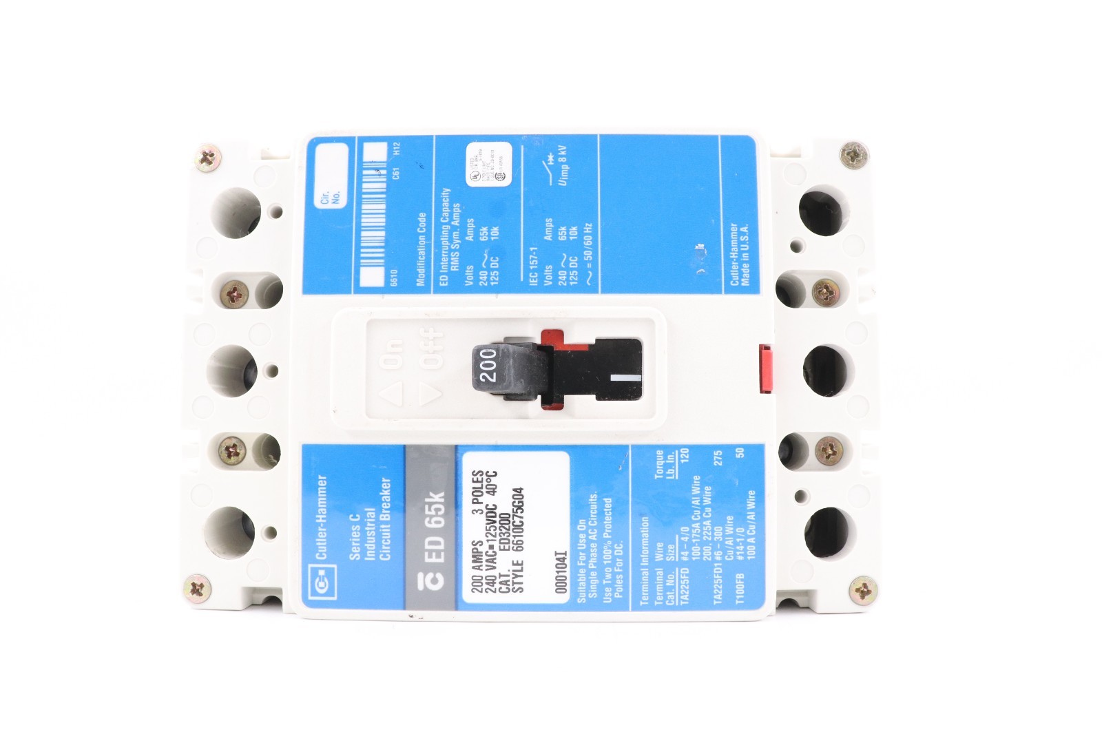EATON ED3200 200A 3-POLE CIRCUIT BREAKER 65KA@240V