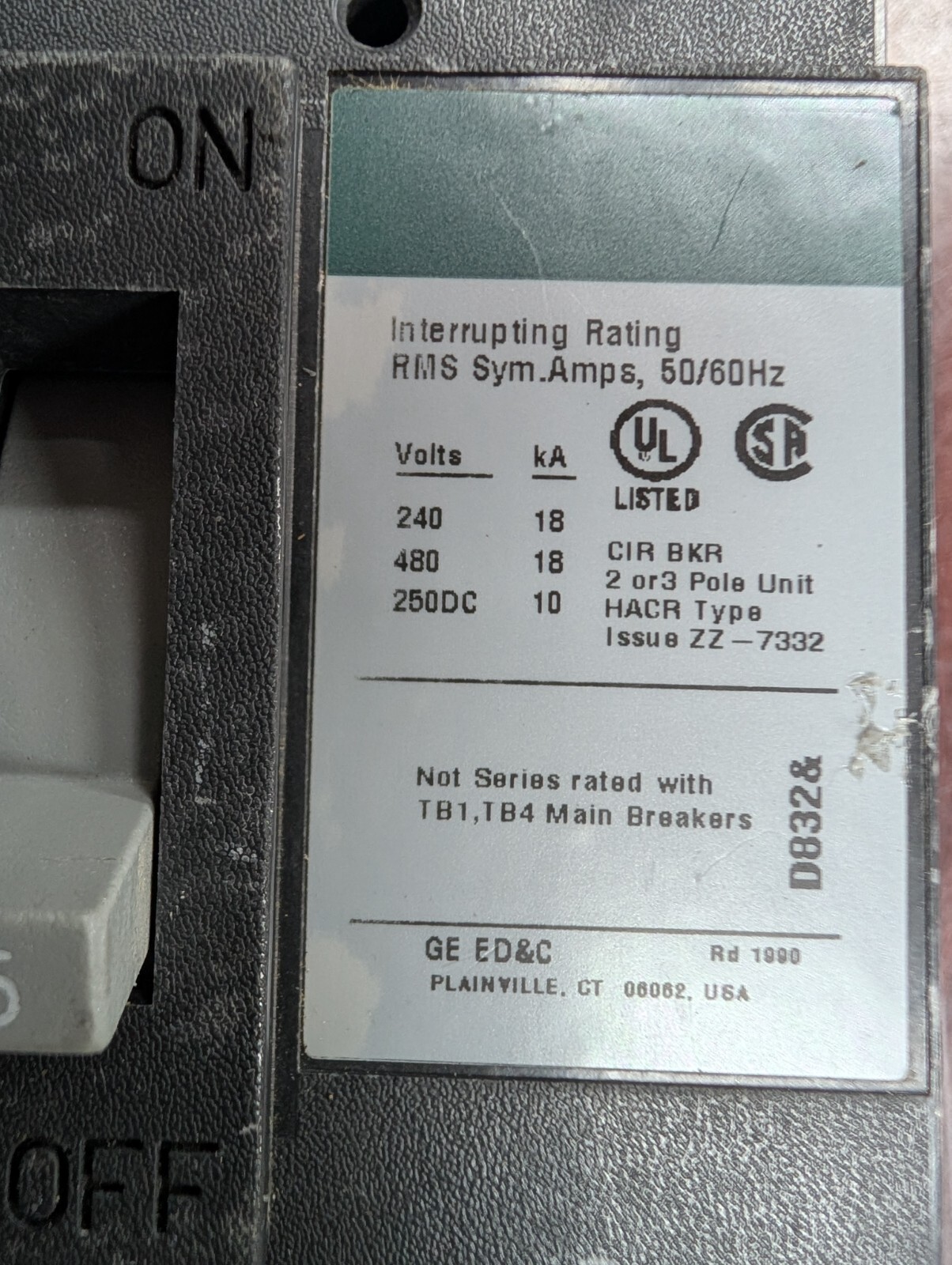 🤪 GE GENERAL ELECTRIC 15 AMP CIRCUIT BREAKER 480 VAC 250 VDC 3 POLE TED134015V