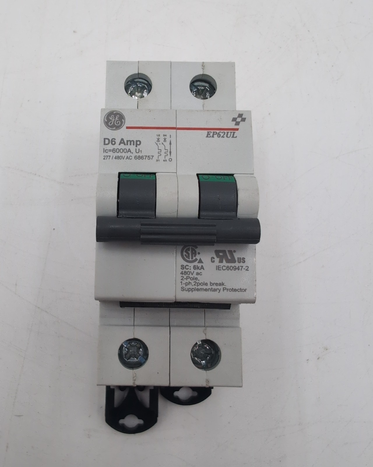 GE EP62ULD06 Miniature Circuit Breaker 2-Pole 6A 480Y/277V D-Curve DIN Rail USED