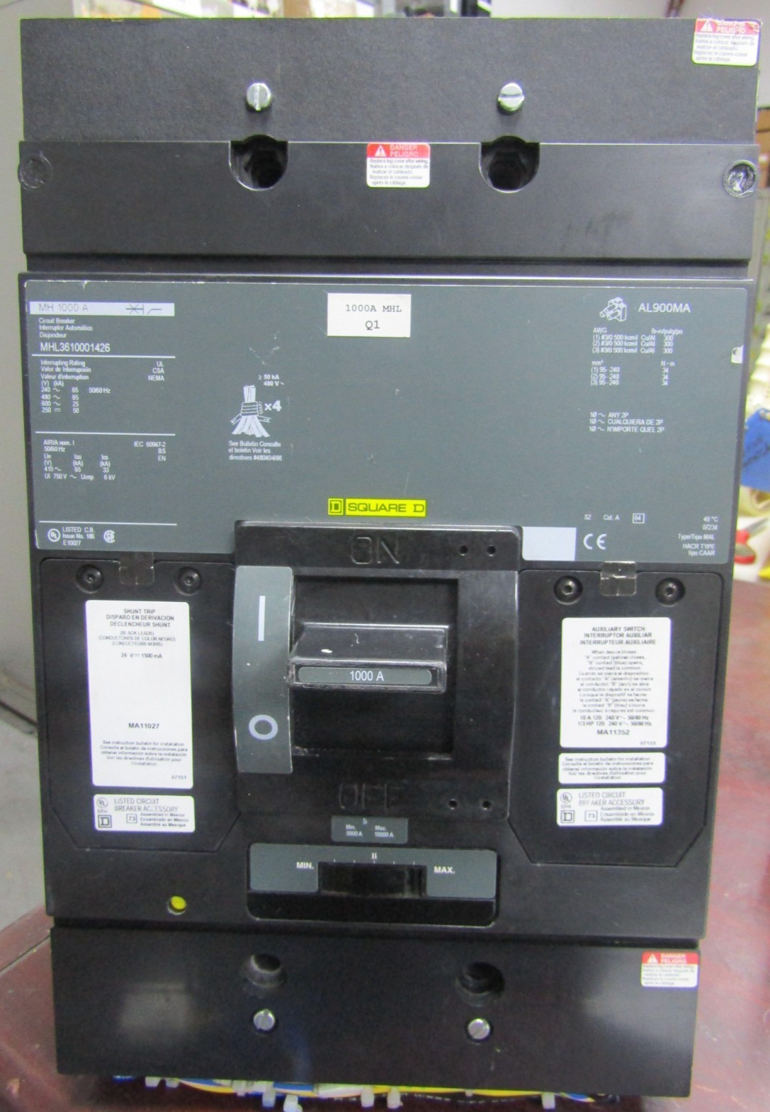 😍SQUARE D 1000A CIRCUIT BREAKER WITH SHUNT AND AUX 600VAC/250DC MHL3610001426