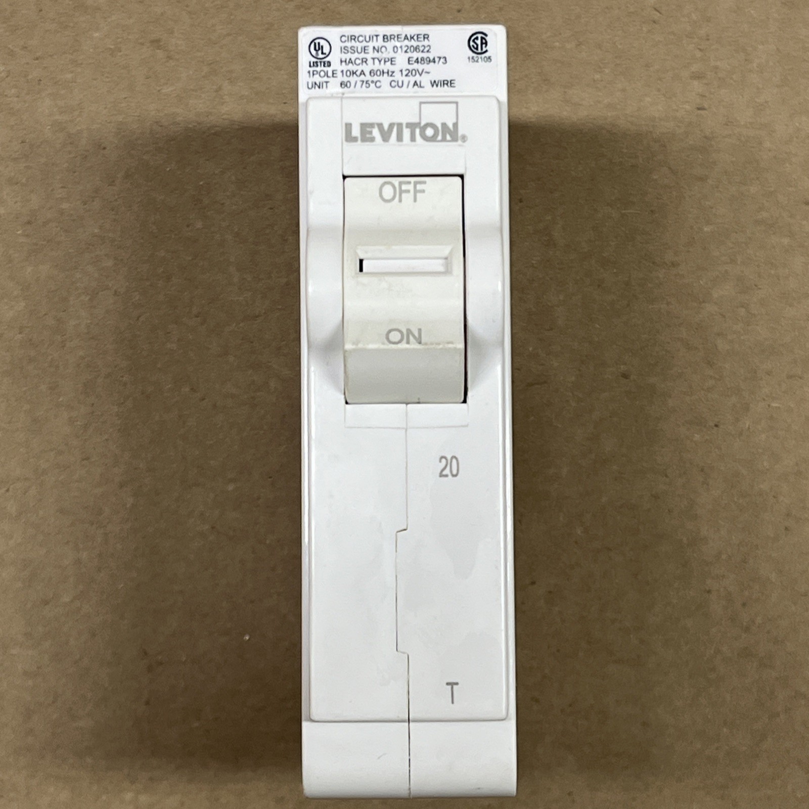Leviton LB120-T White 20A 1-Pole Plug-On Standard Circuit Breaker CHIPPED