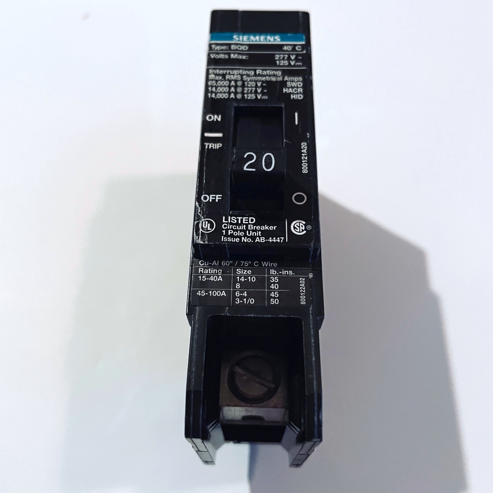 Siemens BQD120 20 AMP Bolt-On Circuit Breaker 277 VAC 1 POLE 14kA@277V