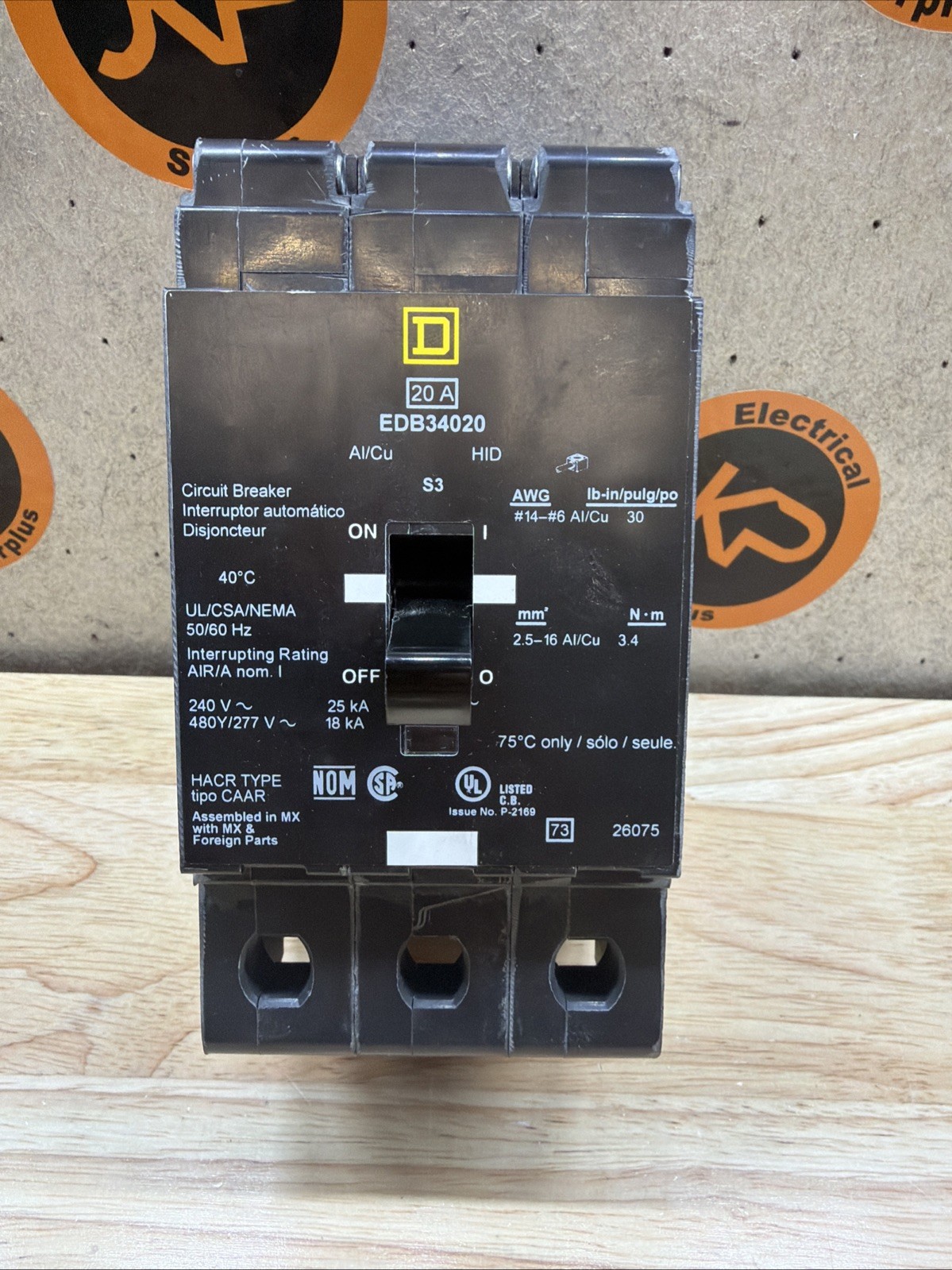 Square D EDB34020 3 Poles 20 Amp Bolt-On Circuit Breaker New In Box