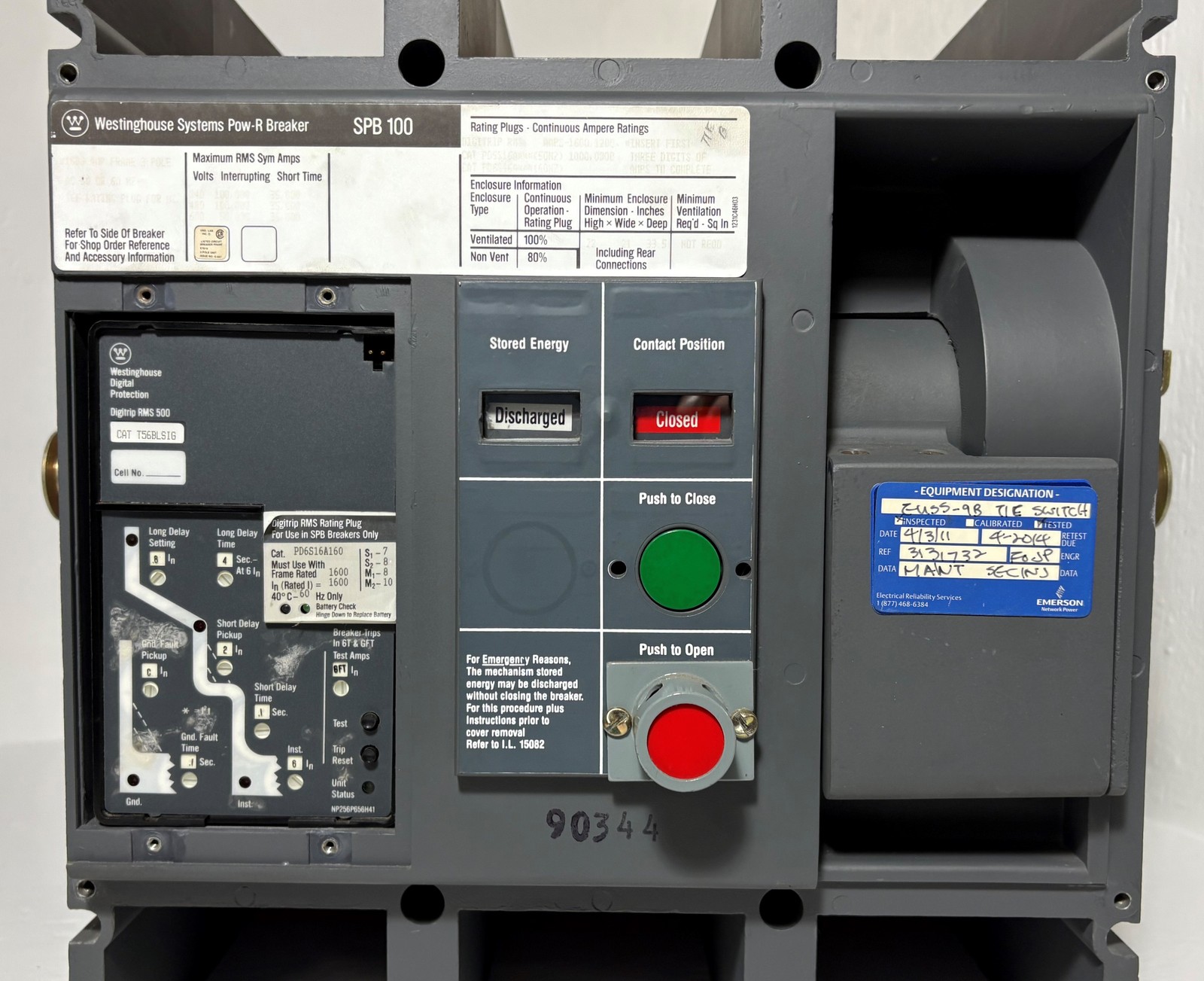 Westinghouse SPB 100 1600A SPBR316D56 LSIG Pow-R Breaker w/ 1600 Amp Plug Ground