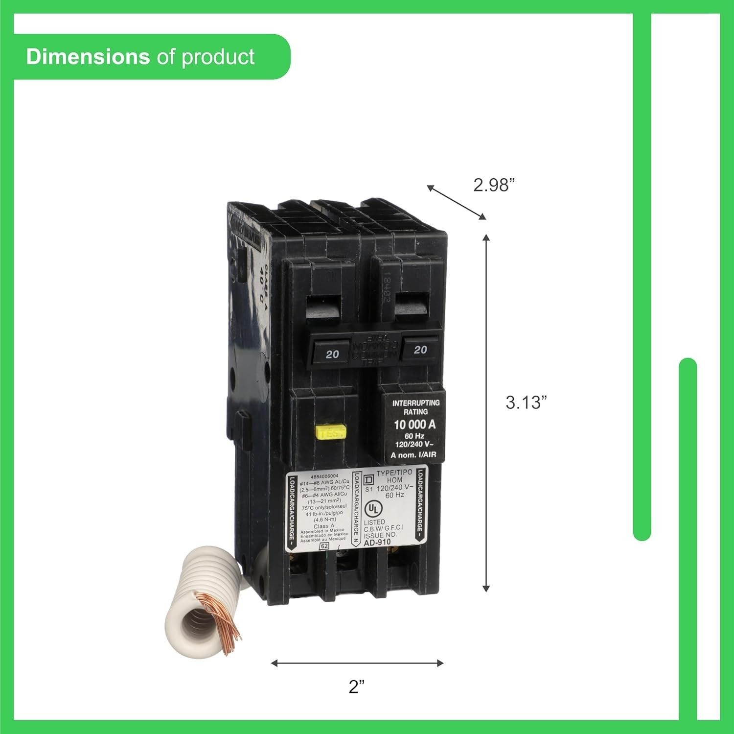 Square D Homeline 20 Amp GFCI Circuit Breaker – 2-Pole, Plug-In Mount Safety