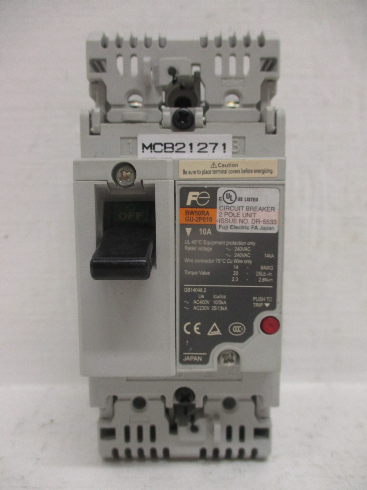 Fuji Electric BW50RAGU-2P010 10 Amp Auto Breaker 2-Pole 10A 690VAC 250VDC BW50RA