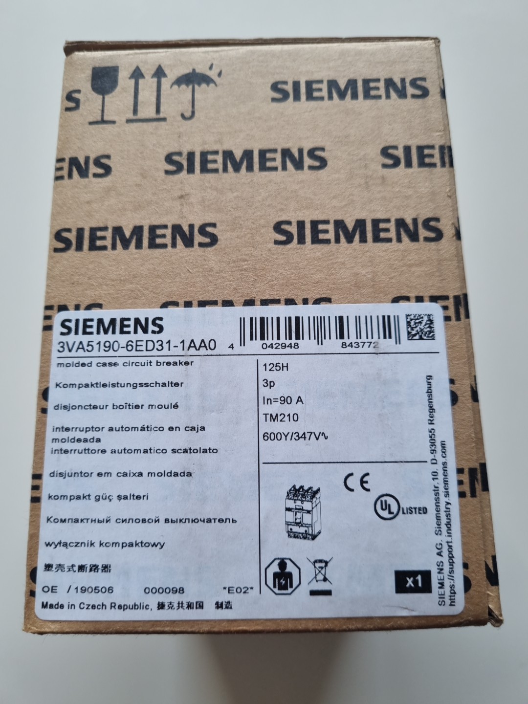 Siemens 3VA5190-6ED31-1AA0 Leistungsschalter 90A 125H ,TM210 , 3Va5190