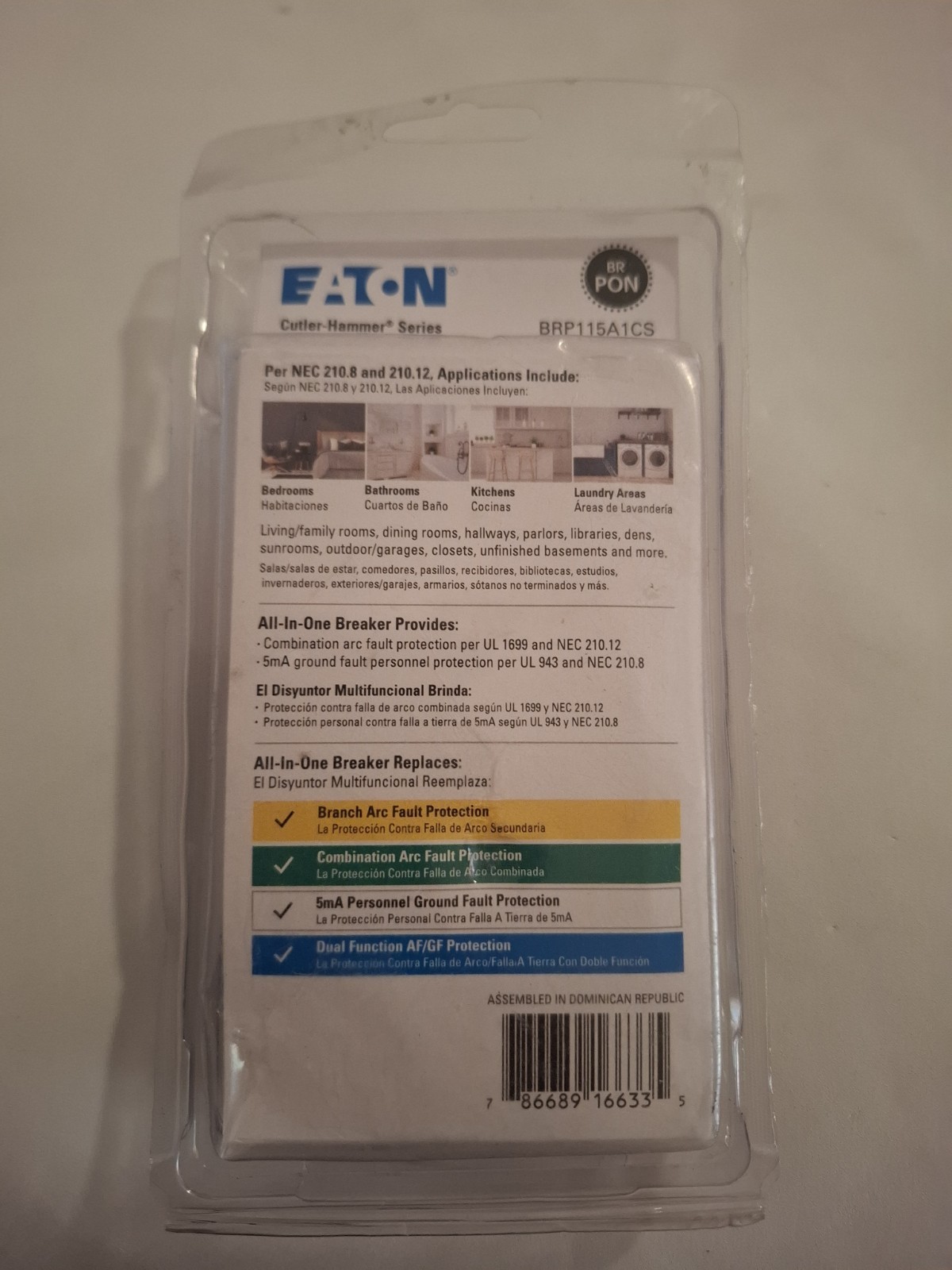 Eaton BRP115A1CS 15 Amp All-In-One Breaker — AFCI, GFCI, CAFCI, AFGF