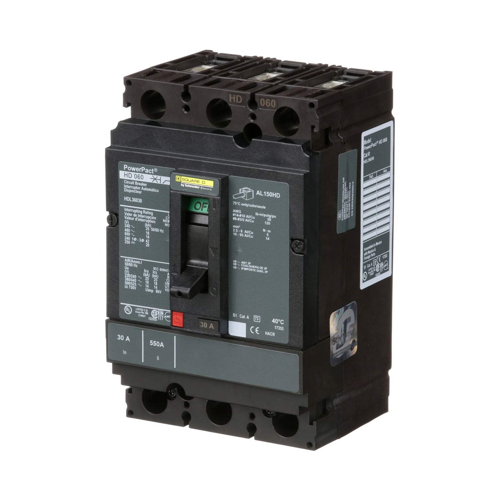 HDL36030 – Square D 30A 600VAC 3 Pole Thermal Magnetic Circuit Breaker PowerPact