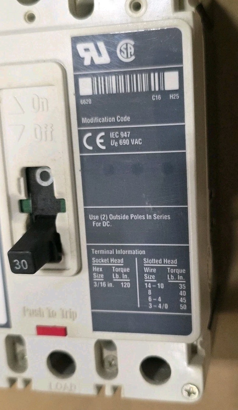 Eaton Westinghouse HMCPS HMCPS030H1C 3 Pole 30 Amp 600v Circuit Breaker