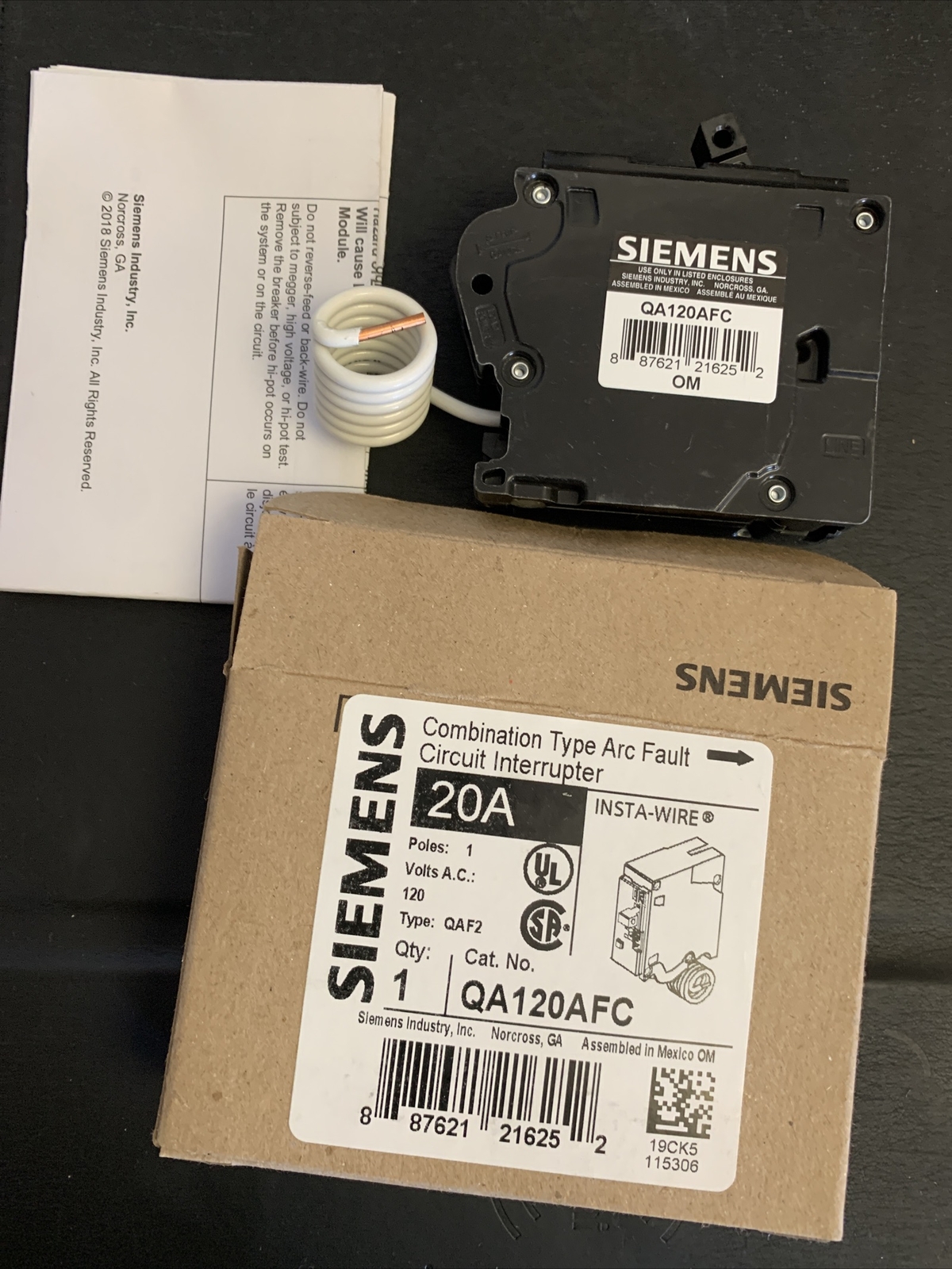 QA120AFC Siemens 1P 20A 120V Arc Fault Circuit Breaker NEW