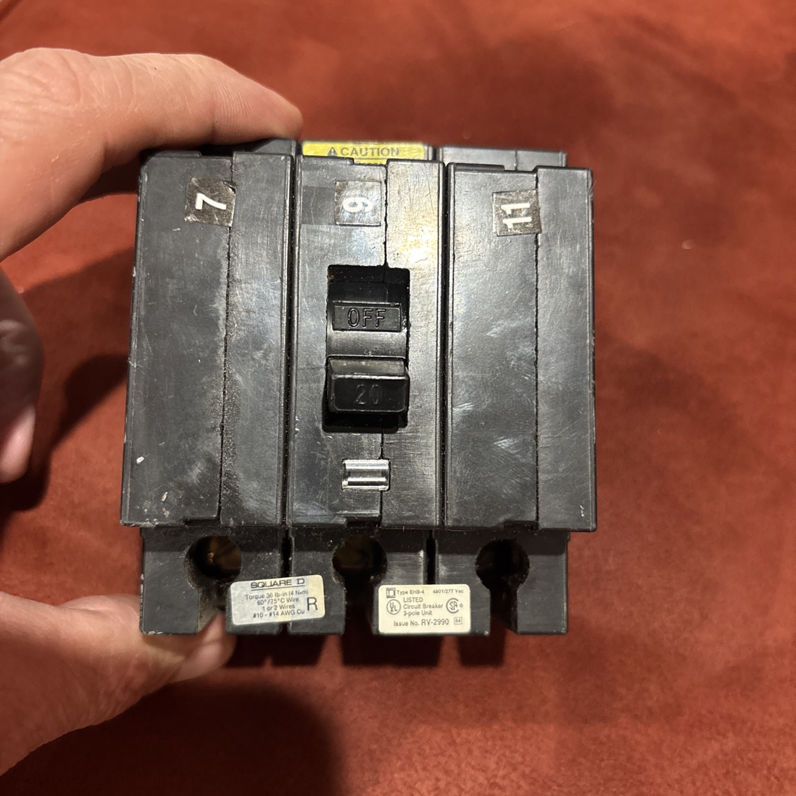 Square D EHB34020 20 amp 480/277 Volt 3 Pole Bolt On Type EHB Circuit Breaker