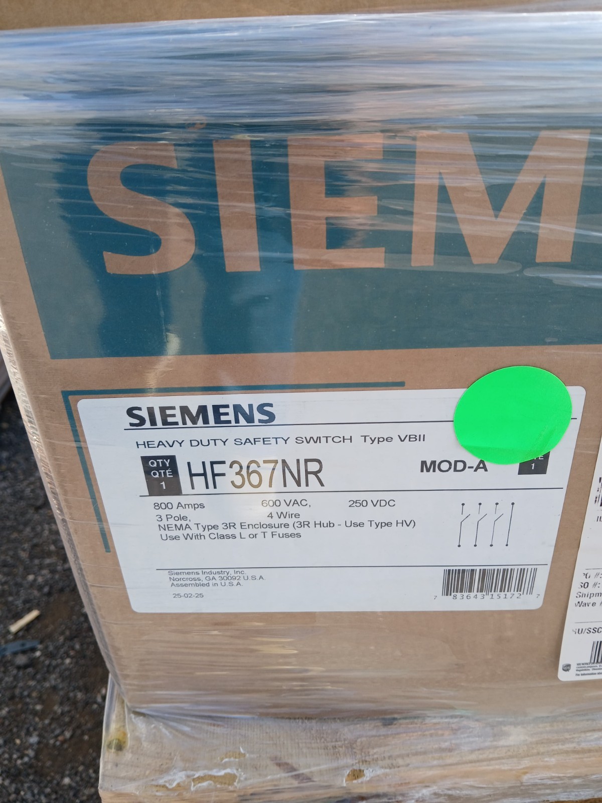 SIEMENS 800AMP DISCONNECT 600V 3PHASE NEMA 3R FUSE TYPE HF367NR WITH NEUTRAL