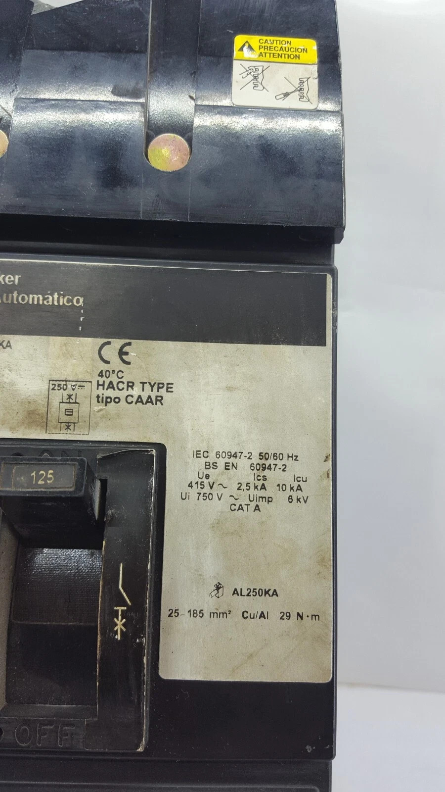 SQUARE D KA36125 3 POLE 125 AMPS CIRCUIT BREAKER 600V 250V / TESTED OK
