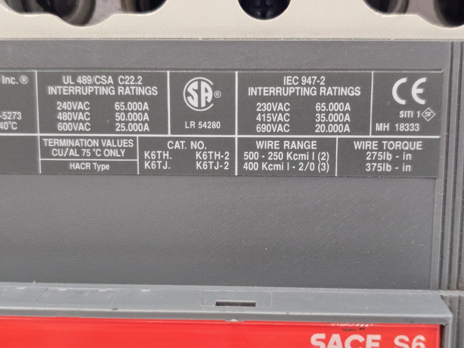 ABB S6N600BH0ASB Sace S6 Bolt On Circuit Breaker 600A 600VAC 3P HACR Shunt Trip