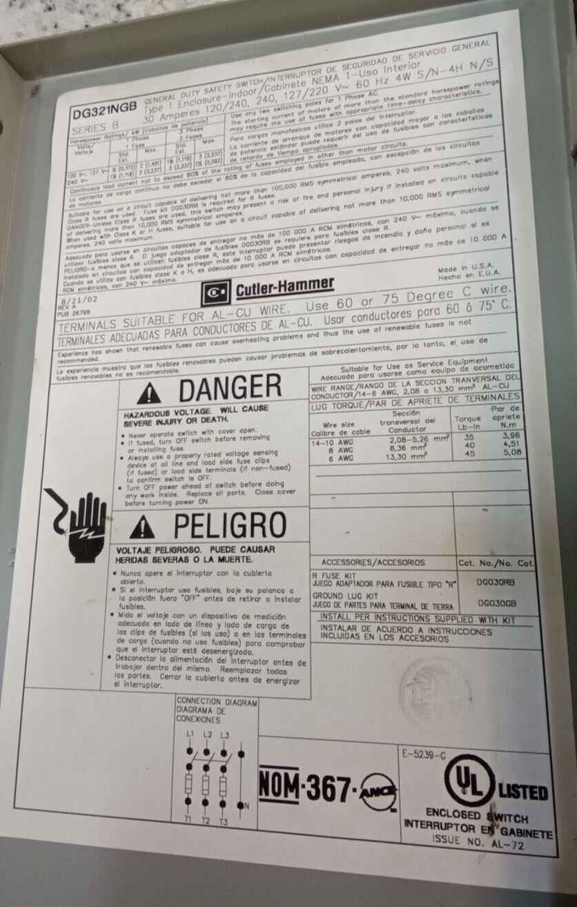 CUTLER HAMMER/DISCONNECT/SWITCH/DG321NGB/30A /3P/240V/FUSIBLE/R1-INDOOR(B33D1