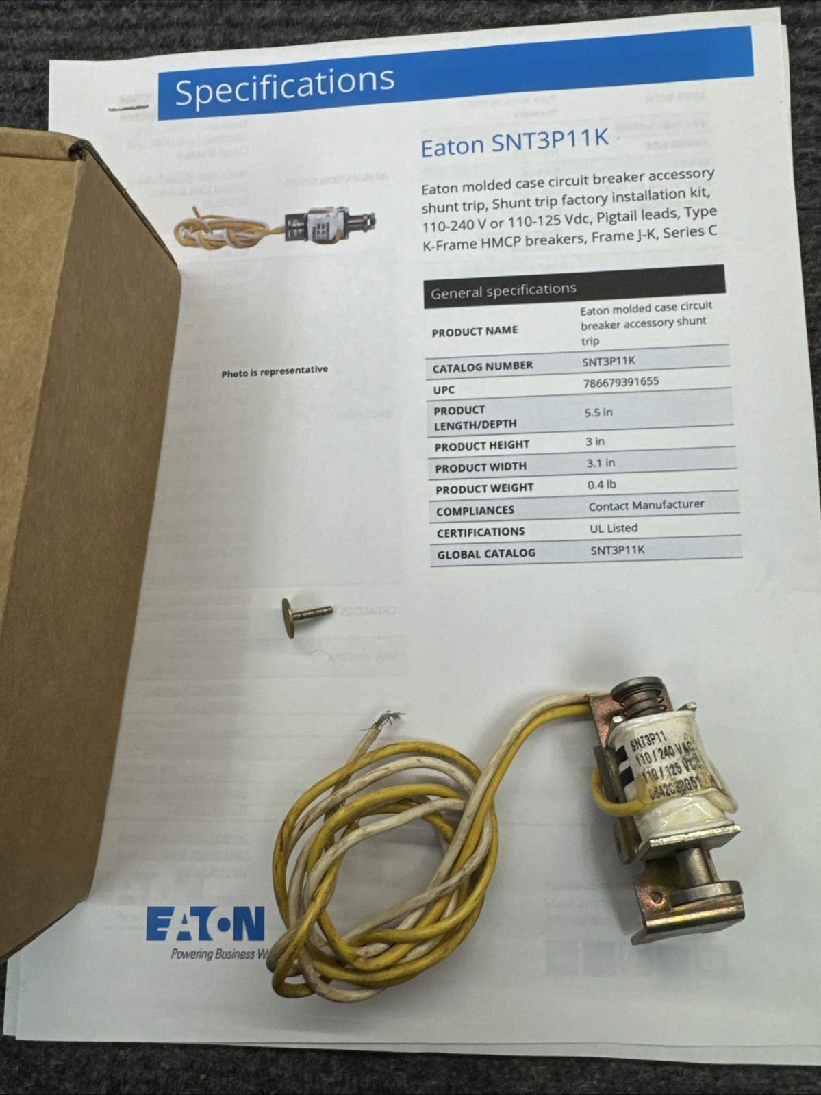 Eaton SNT3P11K Shunt Trip Solenoid Unit K-Frame 110/240 Volt AC 110/125 Volt DC