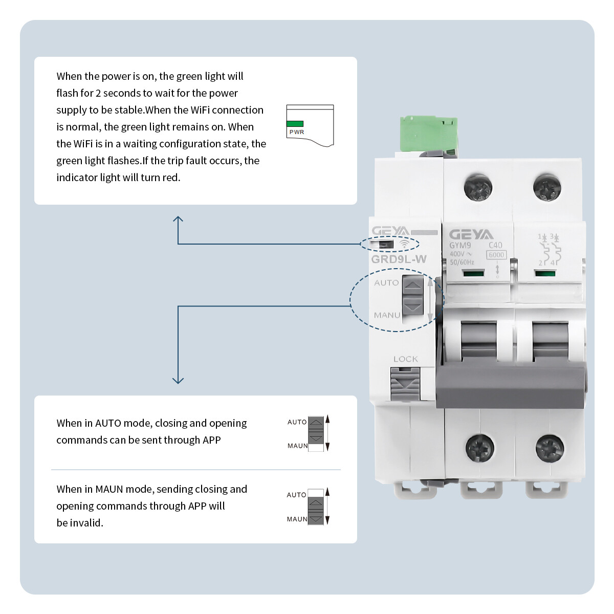 GEYA Tuya WIFI MCB Circuit Breaker 2P 16-63A MCB With Short Circuit Protection