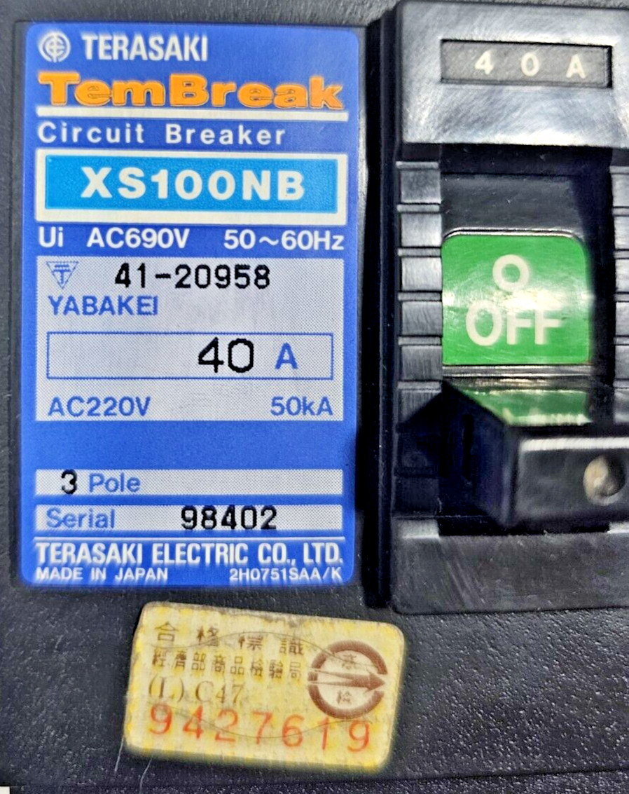 TERASAKI TEM BREAK CIRCUIT BREAKER XS100NB 40 AMP 3 POLE 690V 25KA
