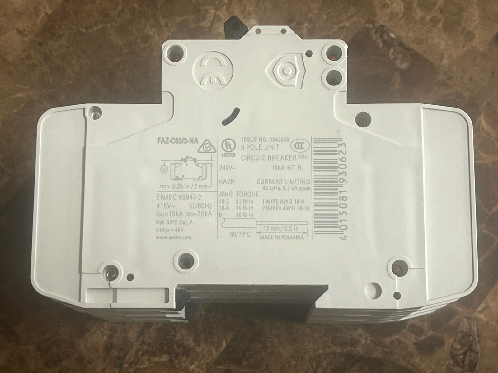 EATON FAZ-C63/3-NA CIRCUIT BREAKER, 3-POLE, 63A, 240V, C CURVE, NIB | SISU