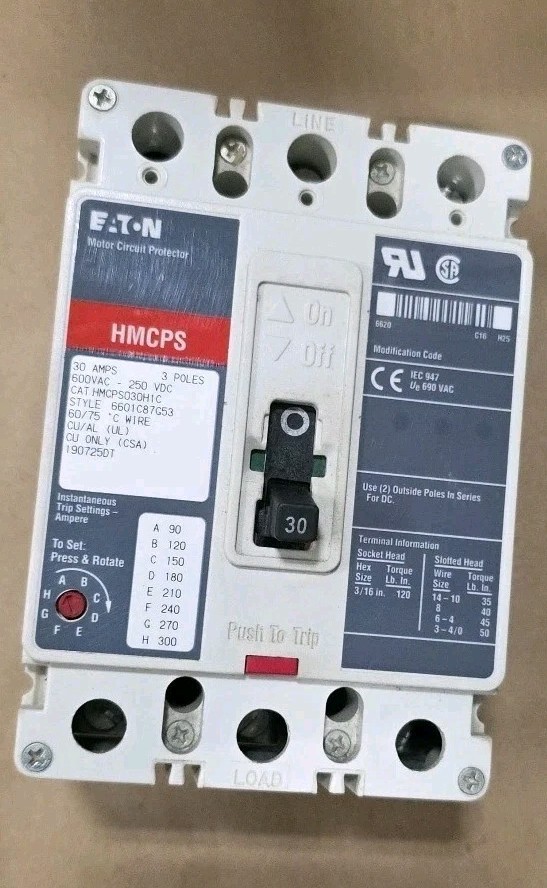Eaton Westinghouse HMCPS HMCPS030H1C 3 Pole 30 Amp 600v Circuit Breaker