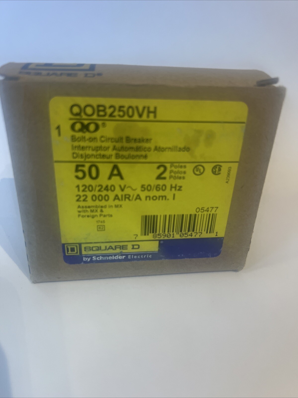 SQUARE D, QO250VH, 2P, 50A, 22kA, Bolt On Circuit Breaker 120/240V 50/60Hz . New
