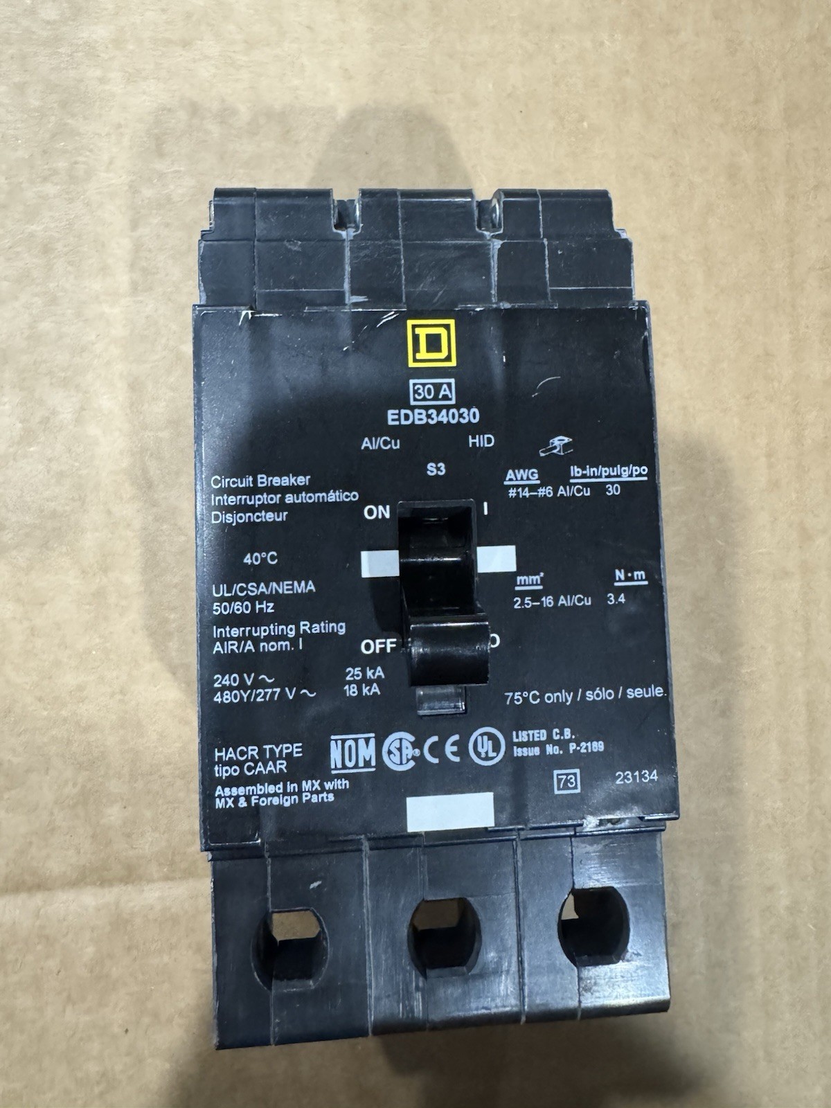 NEW Square D EDB34030 L 30Amp 3-Pole 480/277VAC 50/60Hz Bolt-On Circuit Breaker