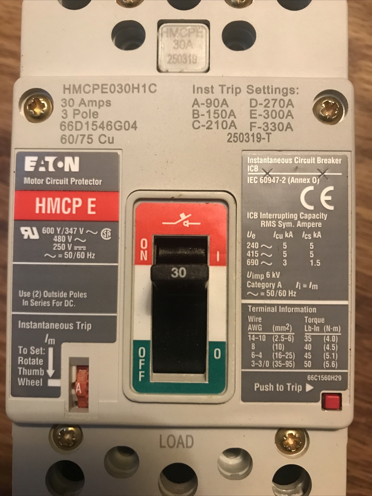 Eaton Breaker Type HMCPE 30 AMP,480VAC/250VDC 600Y/347VAC 3 Pole, 2 Available