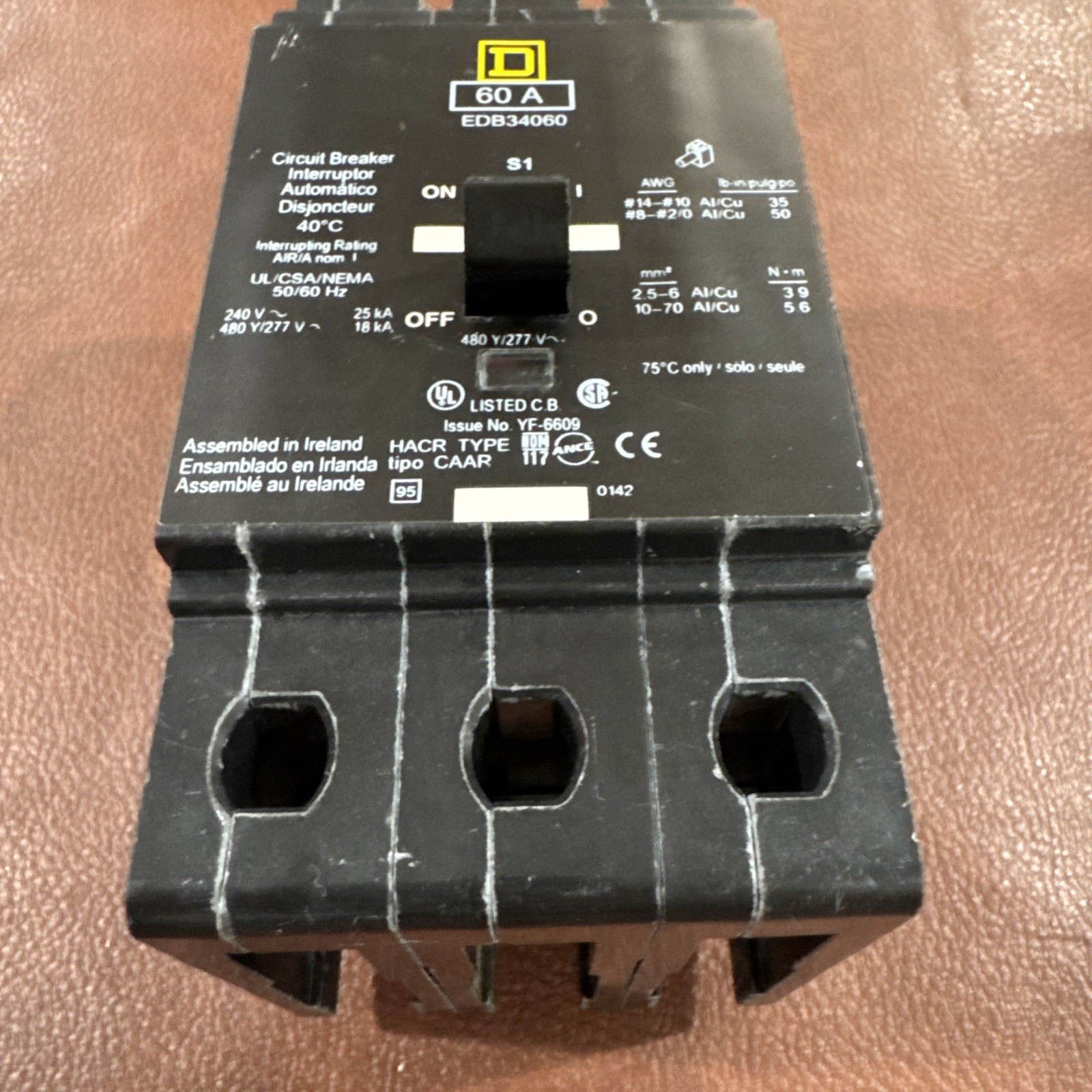 Square D EDB34060 60 Amp 480/277V 3 Pole Circuit Breaker 60A 3P EDB