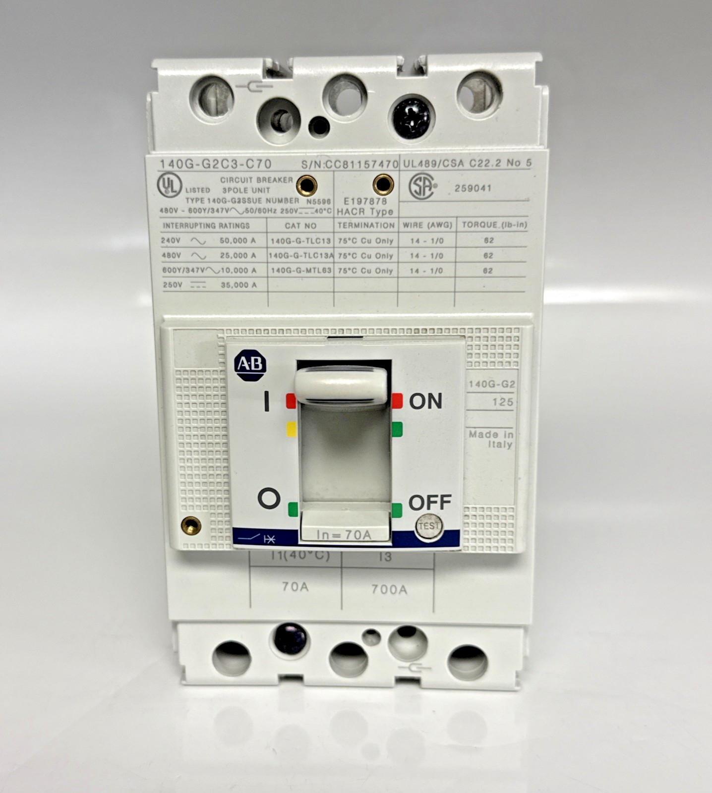 Allen Bradley 140G-G2C3-C70 Molded Case Circuit Breaker 70A 600VAC 3P 25kA