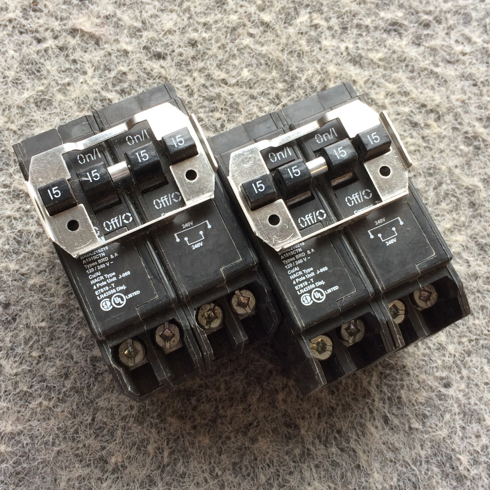 Lot of 2 Eaton BRDC215215 A1515CTN Thermal Magnetic Quad Circuit Breakers