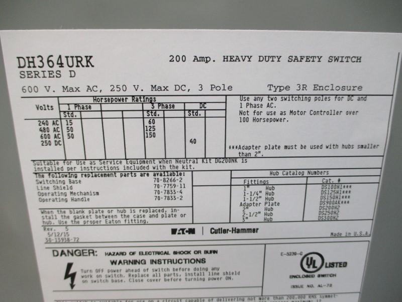 EATON DH364URK SER. D 600VAC 200A NSMP