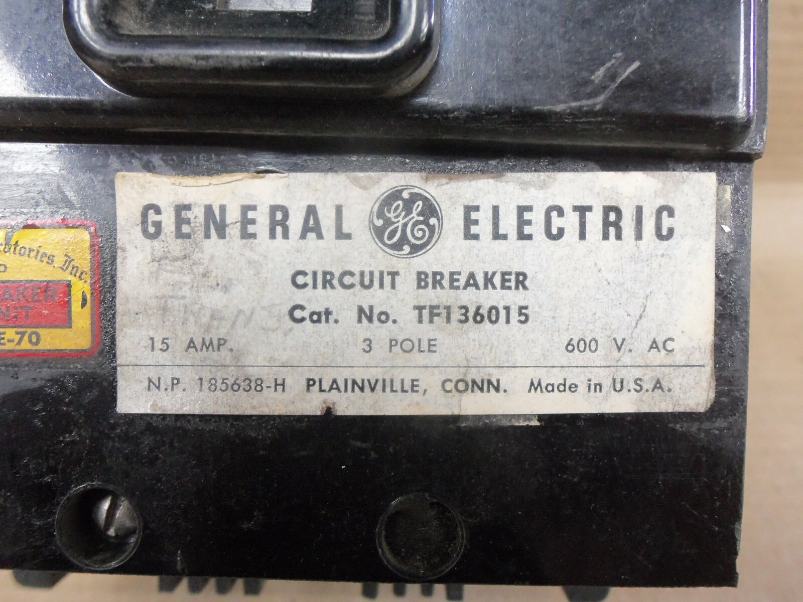 GENERAL ELECTRIC TF136015 3 Pole 15 Amp 600V Circuit Breaker